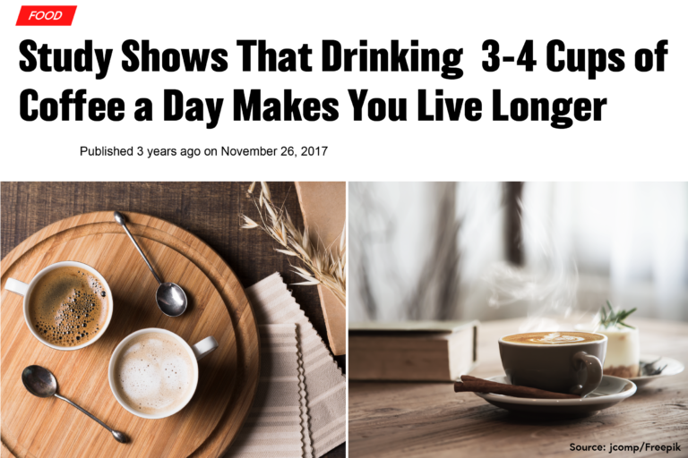 Screenshot of a news story with the headline 'Study shows that drinking 3 to 4 cups of coffee a day makes you live longer.'