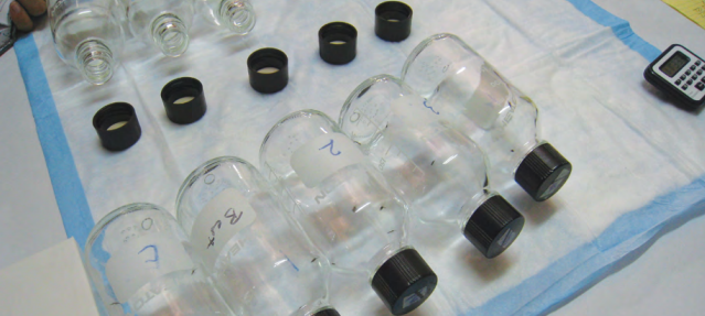 Figure 2: this image depicts the CDC bottle bioassay in action. Here you can see two rows of glass bottles laying on their side on a work surface, one with closed black lids and others with the lids removed. Mosquitoes are present inside the bottles with closed lids, and there is a timer device next to where the experiment is set up. 