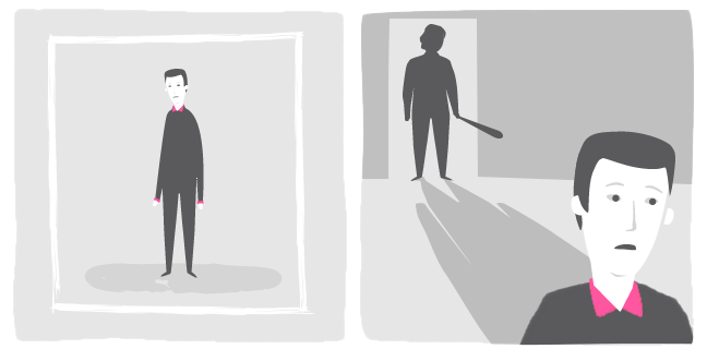 image 1. Illustration of an isolated person inside a containing box. image 2. Illustration of a person looking scared whilst a silhoetted person with a baseball bat is framed in a doorway behind them