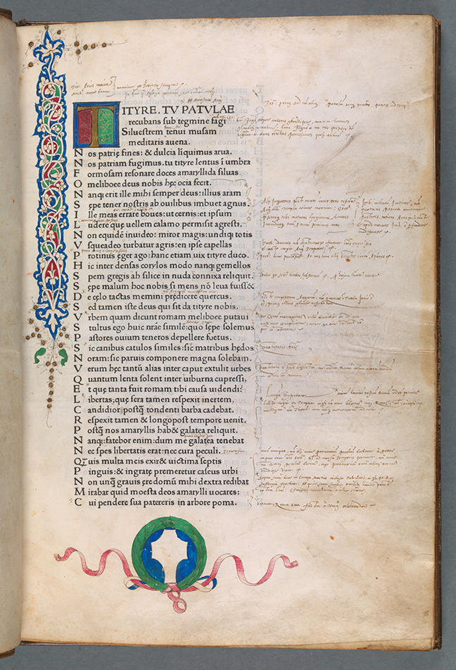 A page from Virgil, *Opera* with a blank shield at the end of the page (Venice: Vindelinus de Spira, 1470) fol. 1r. © The Board of Trinity College Dublin.