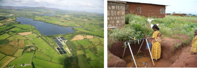 Surface water resources: photo of reservoir in Ireland and local rainfall harvesting in Ethiopia.