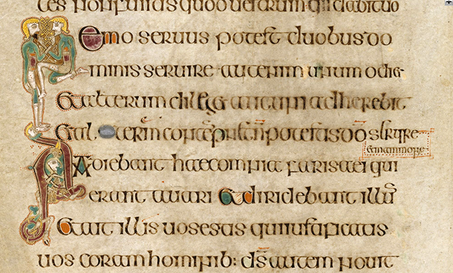 Figure 1, from the Book of Kells, lines of text with an image of two men stroking each other's beards