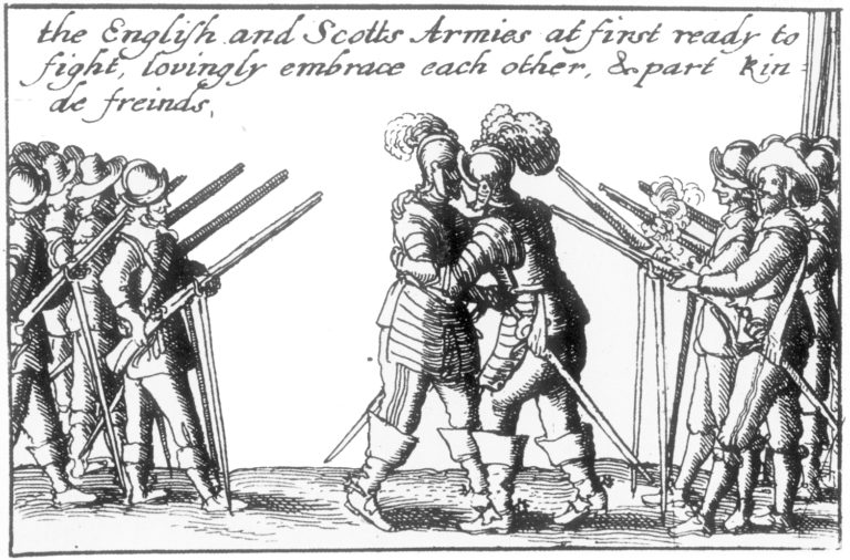 Contemporary satirical woodcut that reads: ‘The English and Scotts Armies at first ready to fight, lovingly embrace each other, & part kinde freinds’. The Solemn League and Covenant of 1643 brings two old enemies together; laying aside centuries of conflict and mistrust, the Scots make common cause with the ‘old enemy’ England against Charles I