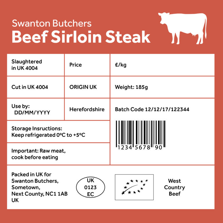 typical beef label containing information on its origin and traceability code along with weight, price, storage and usage instructions