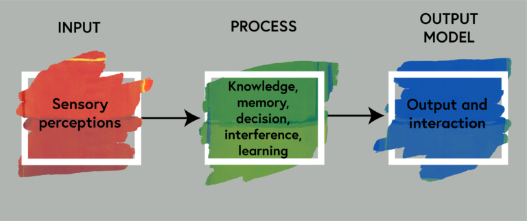 This image represents the input, process, output model. Input is sensory perceptions. Process is knowledge, memory, decision, interference, learning. Output model is output and interaction.