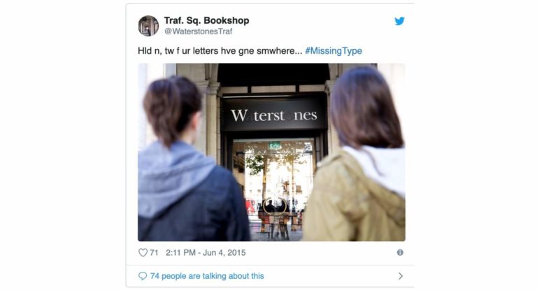 A screenshot of a tweet by Waterstones using #missingtype