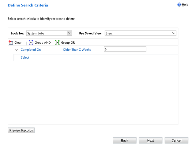 A screenshot of the ‘Define Search Criteria’ pop-up, showing ‘Completed On’ and ‘Older than X weeks’ options