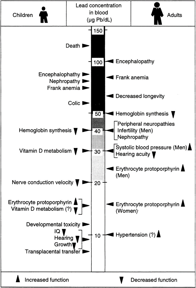 Illustration of adverse health effects and associated blood lead concentration in children and adults from 10-150μg/dL