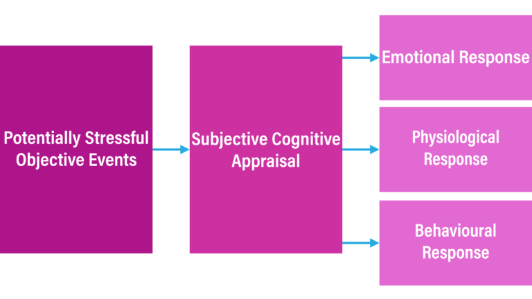A graphic depicting five 'boxes' that indicate a causal relationship starting from a potentially stressful objective event, which triggers a subjective cognitive appraisal, which leads to emotional responses, physiological responses and behavioural responses.