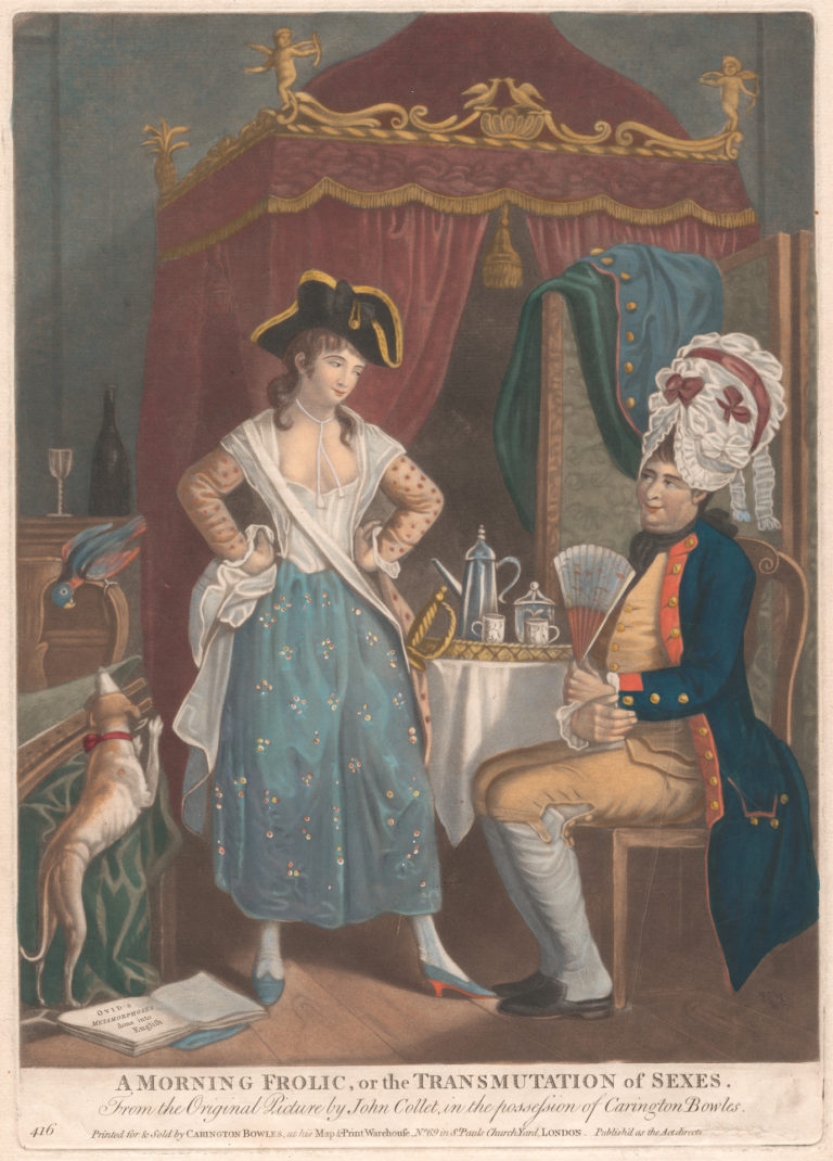 A parodic cartoon depicting male and female crossdressing, c. 1780, after a work by John Collet