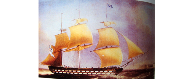 Painting of a large ship with multiple sails