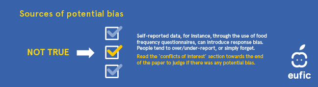 Source of potential bias. Self-reported data, for instance, through the use of food frequency questionnaires, can introduce response bias. People tend to over/under-report, or simply forget. Read the 'conflicts of interest' section towards the end of the paper to judge if there was any potential bias.
