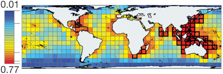 A global map with a grid overlay. Grid boxes are colour-coded according to level of diversity, with blue (lowest diversity) zones in the polar regions and red (highest diversity) zones located in the western Indian and eastern pacific oceans, and around the coasts of India and South Africa.