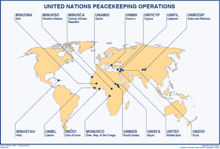Current UN peacekeeping operations highlighted on a map.
