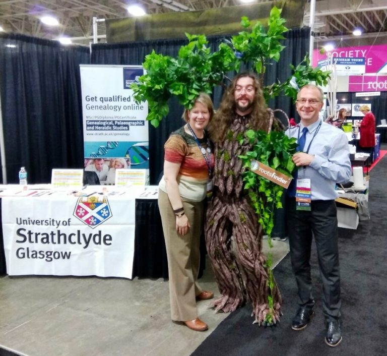 Tahitia and Alasdair of University of Strathclyde with RootsFinder tree man