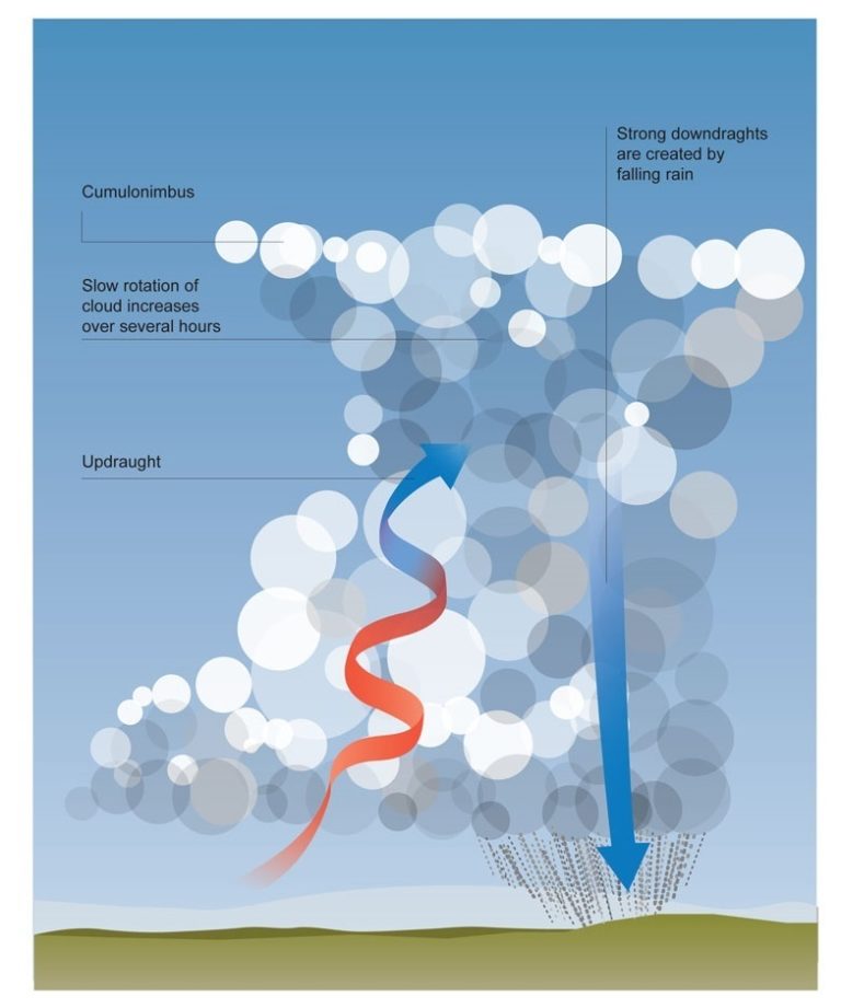 Graphic showing a large cumulonimbus cloud with a red arrow becoming blue which is an updraught, a blue arrow pointing downwards through the cloud, which is a strong downdraught created by the falling rain, and a caption near the top reading: slow rotation of the cloud increases over several hours.