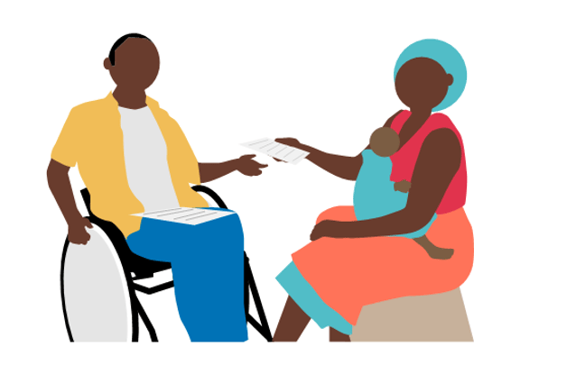  Image shows Wakisa with research participant who is sitting on a bench with a child sitting on her lap. Wakisa is passing the research participant a piece of paper