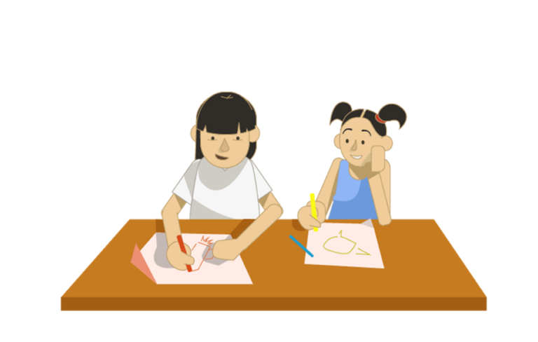 An illustration of two girls drawing side by side at a table