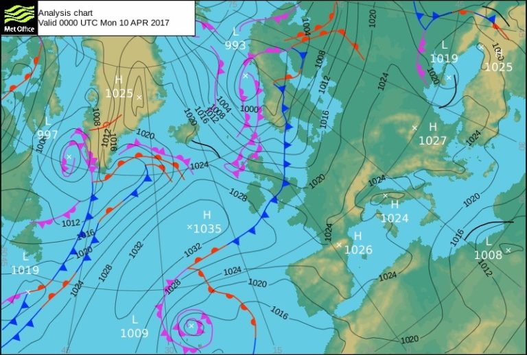 A Met Office Analysis Chart valid 0000 UTC Mon 10 April 2017. It shows a map centred on the UK, with isobars and fronts marked on. A large area of high pressure sits in the Atlantic marked with an x at the centre labelled 1035 hPa. Low pressure centred over Scandinavia results in weather fronts across the UK, with a trailing cold front across central areas, and 2 occlusions across Scotland. The isobars across the UK, indicate a northwesterly wind bringing a polar maritime air mass.