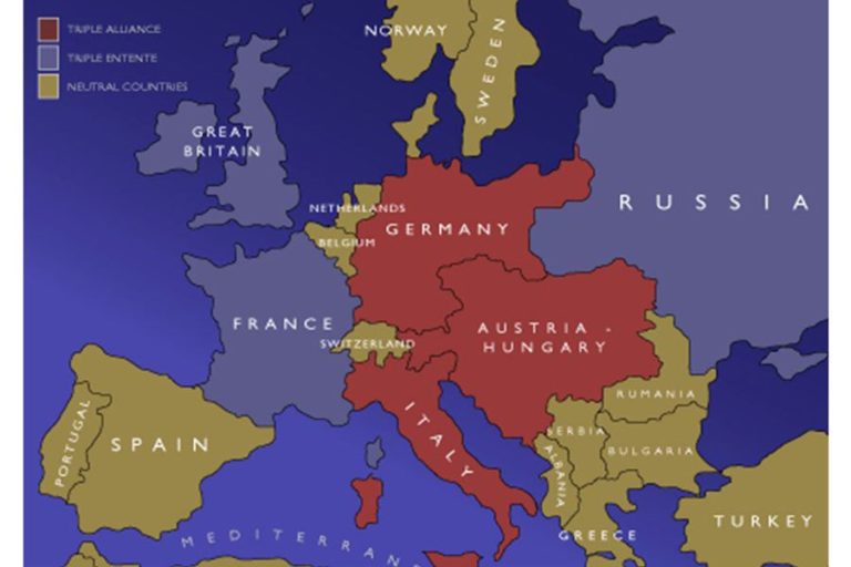 Map of the European alliances in 1914. The Great Britain, France and Russia alliance are coloured blue. The Germany, Austria-Hungary and Italy entente are coloured red. The other neutral countries in Europe are coloured brown