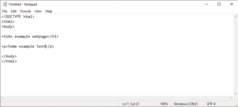 A screenshot of Notepad and some HTML code as an example of a text editor