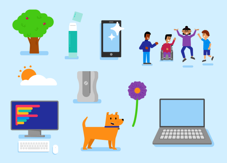 A group of images to be sorted into technology and not technology — a tree; a laptop computer; a glue stick; a group of children, including one in a wheelchair and one wearing spectacles; a pencil sharpener; a flower; a mobile phone; a desktop computer; a dog; and the sun peeking out from behind a cloud.