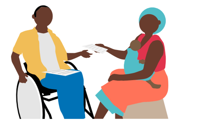 Image shows Wakisa with research participant who is sitting on a bench with a child sitting on her lap. Wakisa is passing the research participant a piece of paper