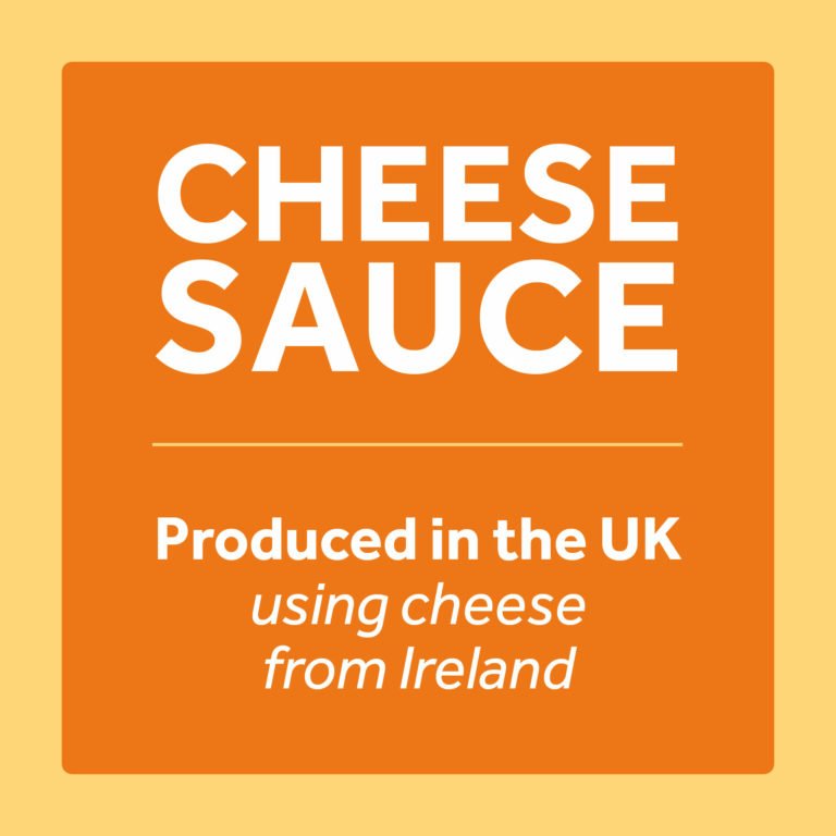 cheese label saying 'Cheese sauce produced in the UK using cheese from Ireland