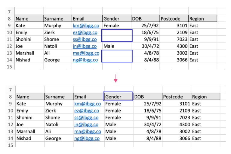 Screenshot of blank column cells in Excel