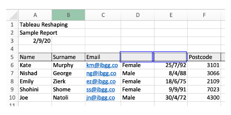 Screenshot of column headings in Excel