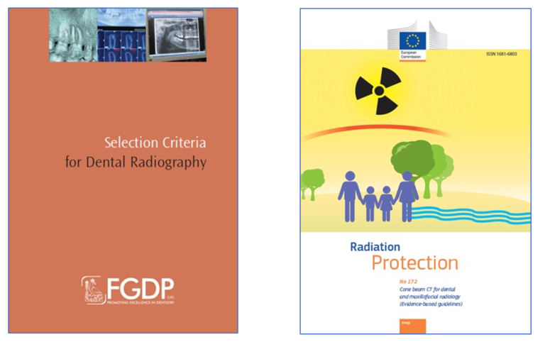 Covers of two guidance documents - the first is 'Selection Criteria for Dental Radiography' and the second is 'European Commission Radiation Protection No. 172'