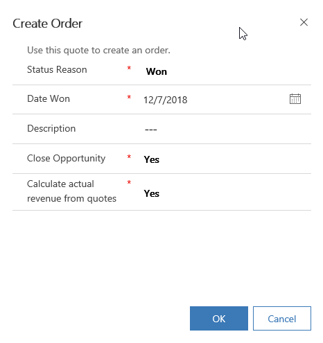 Screenshot of a create order example with status reason and date won filled in