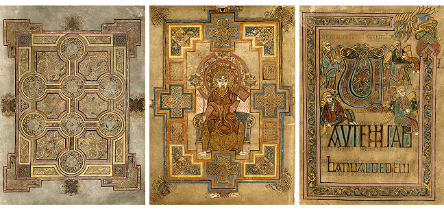 Figures 1-3, from the Book of Kells, a page depicting a cross pattern, an image of St. John surrounded by crosses, and the letter M shaped in the form of a double cross, respectively