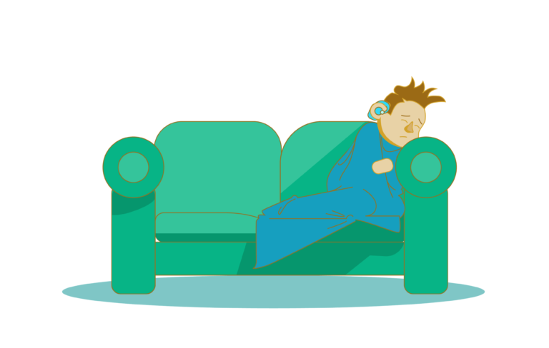 An illustration of a boy curled up under a blanket on the sofa. He looks ill and upset.