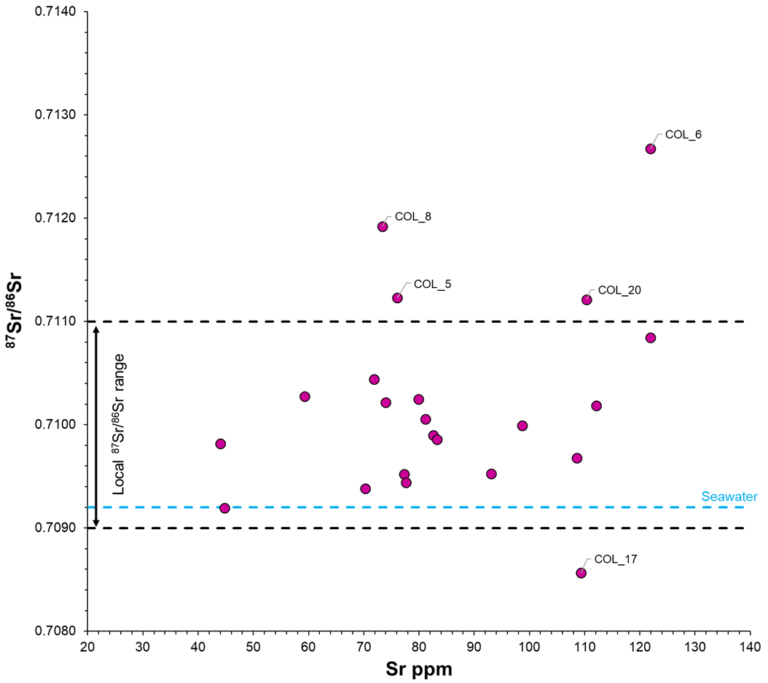 scatter graph showing strontium isotope ratios (vertical axis) plotted against strontium concentration in parts per million (horizontal axis). Most data points lie in the ratio range 0.7090 and 0.7110 but 5 individuals fall outside this area: COL_5, COL_6, COL_8, COL_20 are above, COL_17 is below