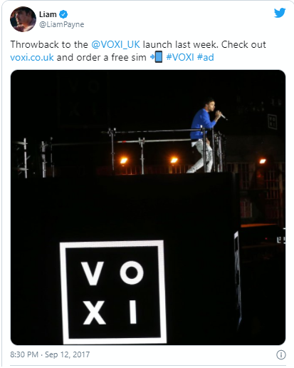 A promotional Tweet for VOXI by musician Liam Payne