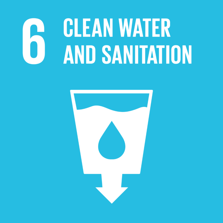 Icon of a glass full of water with a pointing down arrow at the base, the title is "Clean Water and Sanitation"