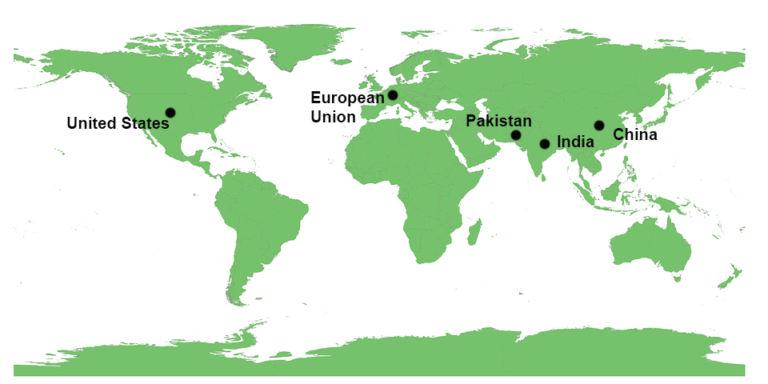 World map showing location of India, European Union, China, Pakistan and the United States of America.