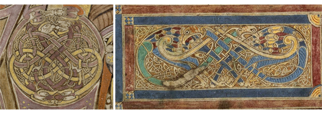 Figures 5 - 6, from the Book of Kells, an image of snakes forming the letter 'I', and an image of entangled peacocks, respectively