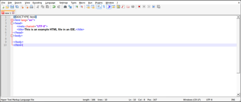 A screenshot of the interface for Notepad++ and some HTML code with , an example of a code editor.