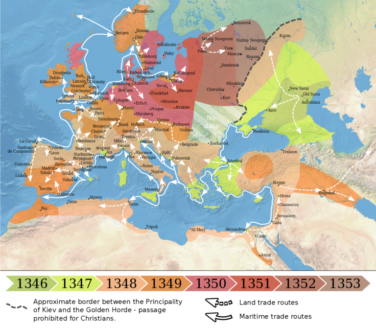 Map showing the spread of the Black Death in Europe each year between 1346 and 1353 and the land and maritime trade routes between the countries.