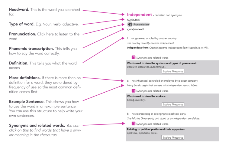 An online dictionary entry contains the word you searched for, the type of word it is, a recording of how it is pronounced, the phonemic transcription, one or more definitions, an example sentence showing the word in context, and synonyms