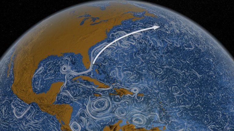 Sketch showing how the Gulf Stream originates in the Gulf of Mexico and brings heat northward through the North Atlantic Ocean.
