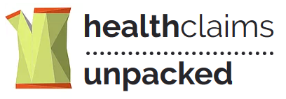 Health claims unpacked logo - a yellow and orange graphic of a split paper bag?