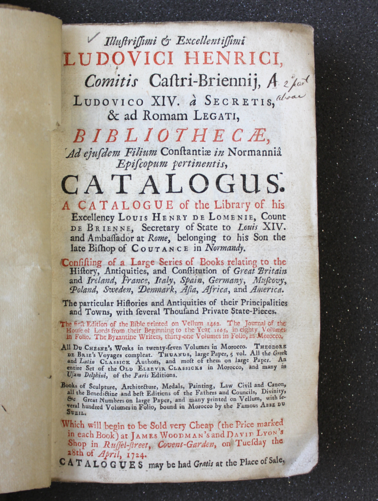 A Catalogue of the Library of … Louis Henry de Loménie …* (London, 1724), title page. © The Trustees of the Edward Worth Library, Dublin