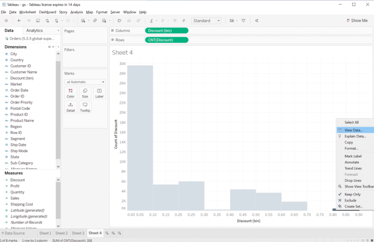"Screenshot of Tableau shows “View Data”. on of the bars selected with a pop up box that has “View Data” selected.