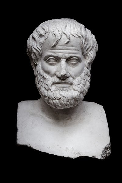 A marble bust of Aristotle on a black background.