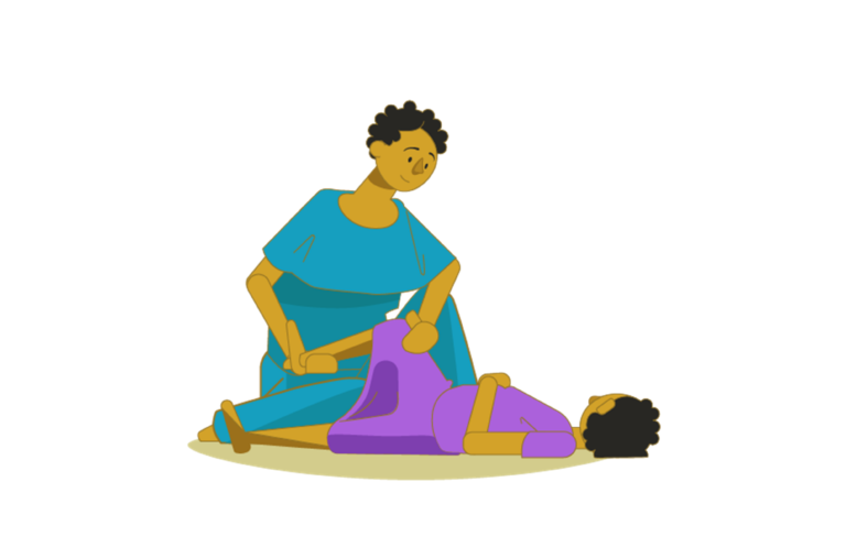 An illustration of a mother supporting her daughter in a physio session. The girl is on her back and her mother is stretching her leg