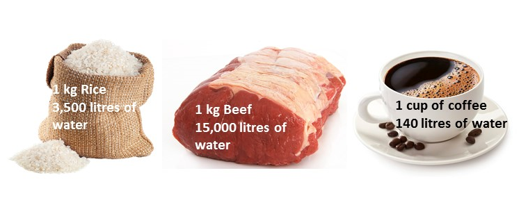 Diagram showing the amount of water that is required to produce an amount of product. One kilogram of rice requires three thousand five hundred litres of water, one kilogram of beef requires fifteen thousand litres of water, one cup of coffee requires one thousand four hundred litres of water.