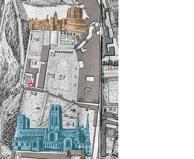 Extract from Thomas Forster's 1754 map of Durham, showing: the castle at the top, cathedral at the bottom, the zigzag block of stable buildings and the garden beside the burial site